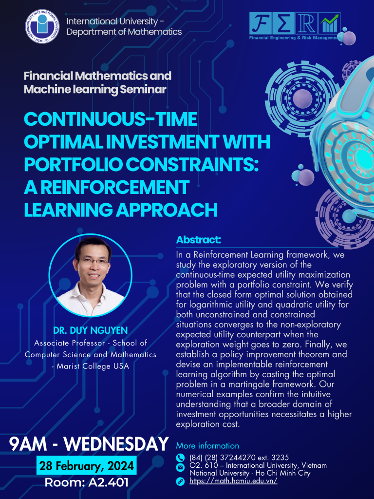 Financial Mathematics and Machine Learning seminar by Prof. Duy Nguyen, Marist College